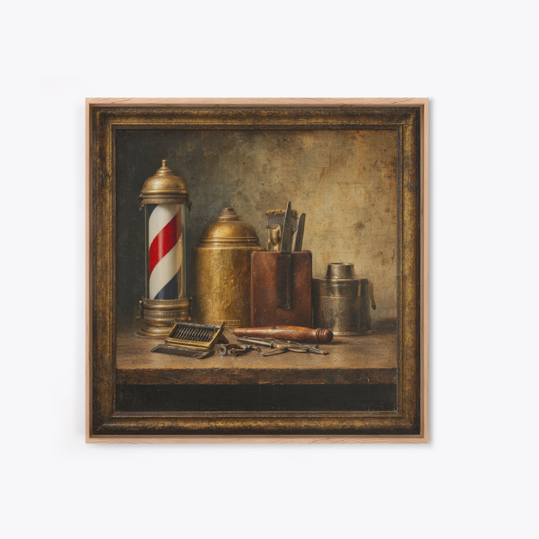Antique Clippers and Combs on Worn Wood Framed Canvas Print, Barbershop Art, Black Man Art, Barbershop Decor, Abstract Art, BAA-1x1-57