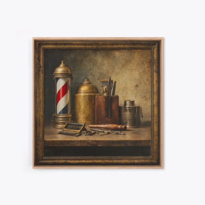 Antique Clippers and Combs on Worn Wood Framed Canvas Print, Barbershop Art, Black Man Art, Barbershop Decor, Abstract Art, BAA-1x1-57