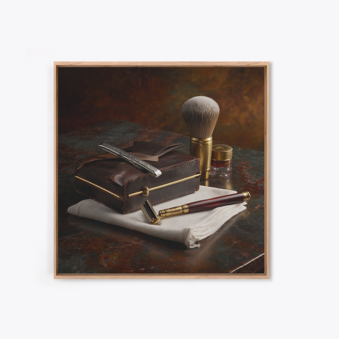 Straight Razor and Shaving Brush on Dark Framed Canvas Print, Barbershop Art, Orange Wall Art, Barbershop Decor, Grooming, BAA-1x1-74