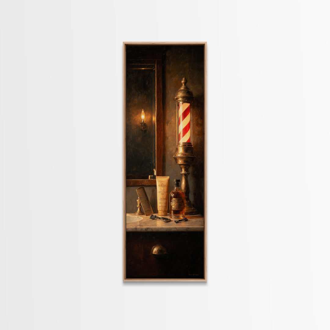 Whiskey and Straight Razor Masculine Still Life Canvas Print, Barbershop Art, Statement Artwork, Barbershop Decor, Grooming, BAA-1x3-19