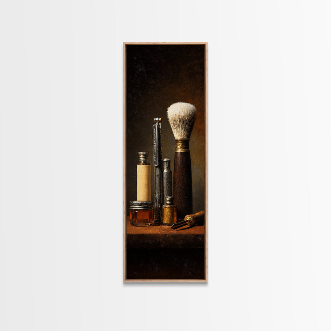 Straight Razor and Shaving Brush on Dark Canvas Print, Barbershop Art, Digital Poster, Barbershop Decor, Fine Art, Grooming, BAA-1x3-38