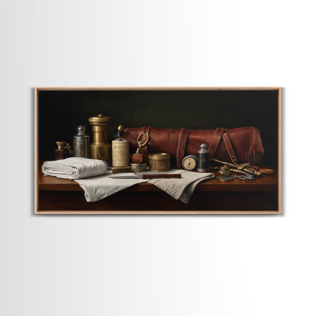 Leather Apron and Brass Tools Still Life Framed Canvas Print, Barbershop Art, Home Decor, Barbershop Decor, Fine Art, Grooming, BAA-2x1-42
