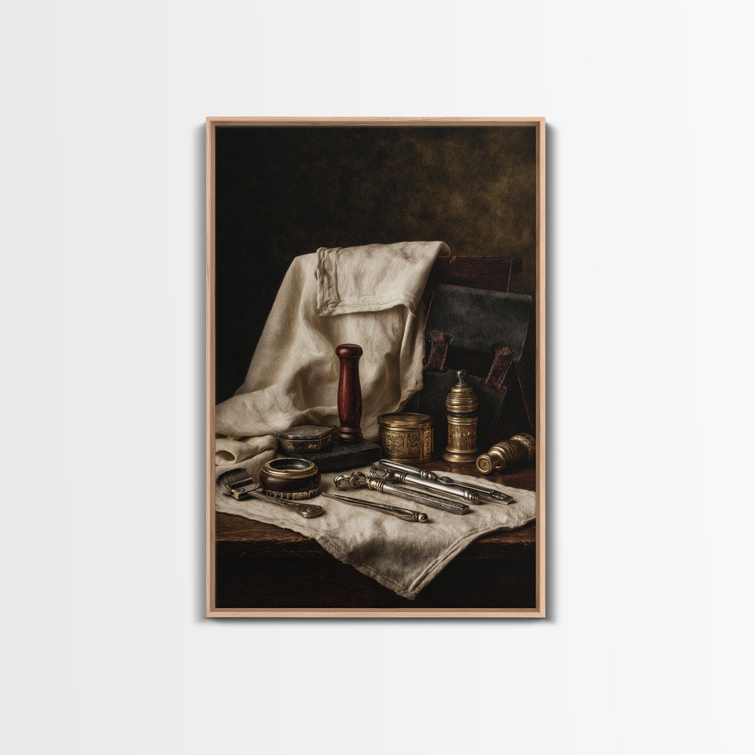Beard Grooming Tools Drawn as Detailed Technical Canvas Print, Barbershop Art, Neutral Decor, Barbershop Decor, Oil Painting, BAA-2x3-14