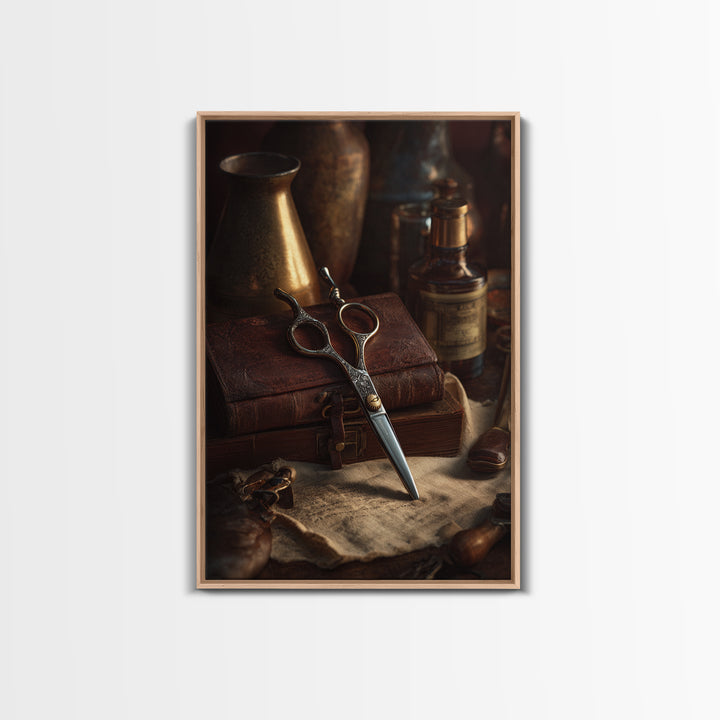 Neon Scissors Icon Framed Canvas Print, Barbershop Art, Black Man Art, Barbershop Decor, Oil Painting, Grooming, BAA-2x3-51