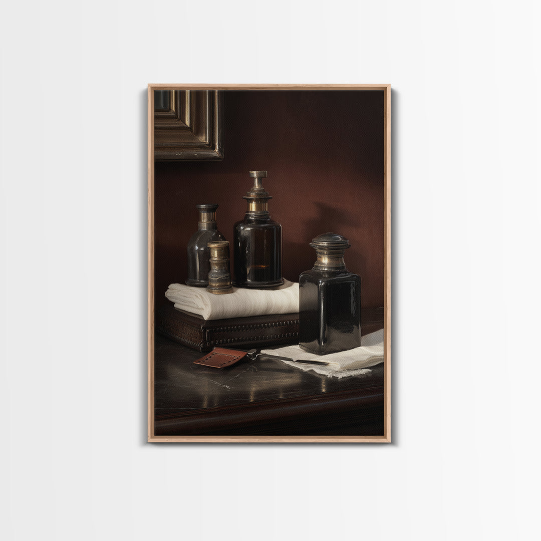 Old World Apothecary Bottles for Grooming Oils Canvas Print, Barbershop Art, Quirky Home Decor, Barbershop Decor, Grooming, BAA-2x3-52