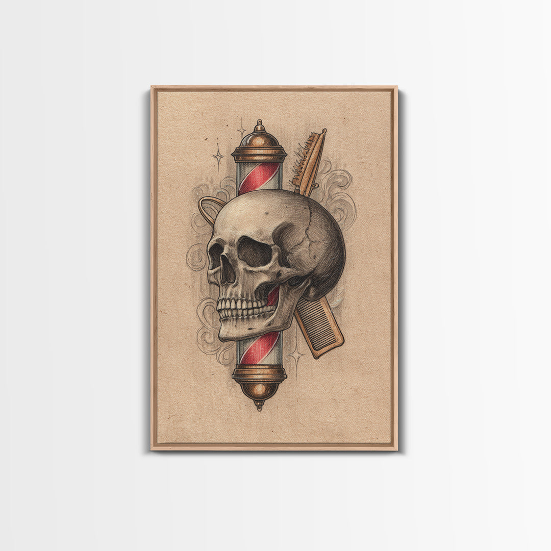 Skull with Comb and Razor in Tattoo Canvas Print, Barbershop Art, Luxury Decor, Barbershop Decor, Fine Art, Grooming, BAA-2x3-71