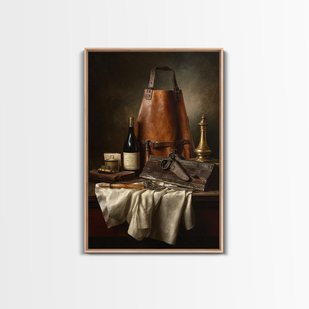 Leather Apron and Brass Tools Still Life Framed Canvas Print, Barbershop Art, Minimalist Decor, Barbershop Decor, Grooming, BAA-2x3-78