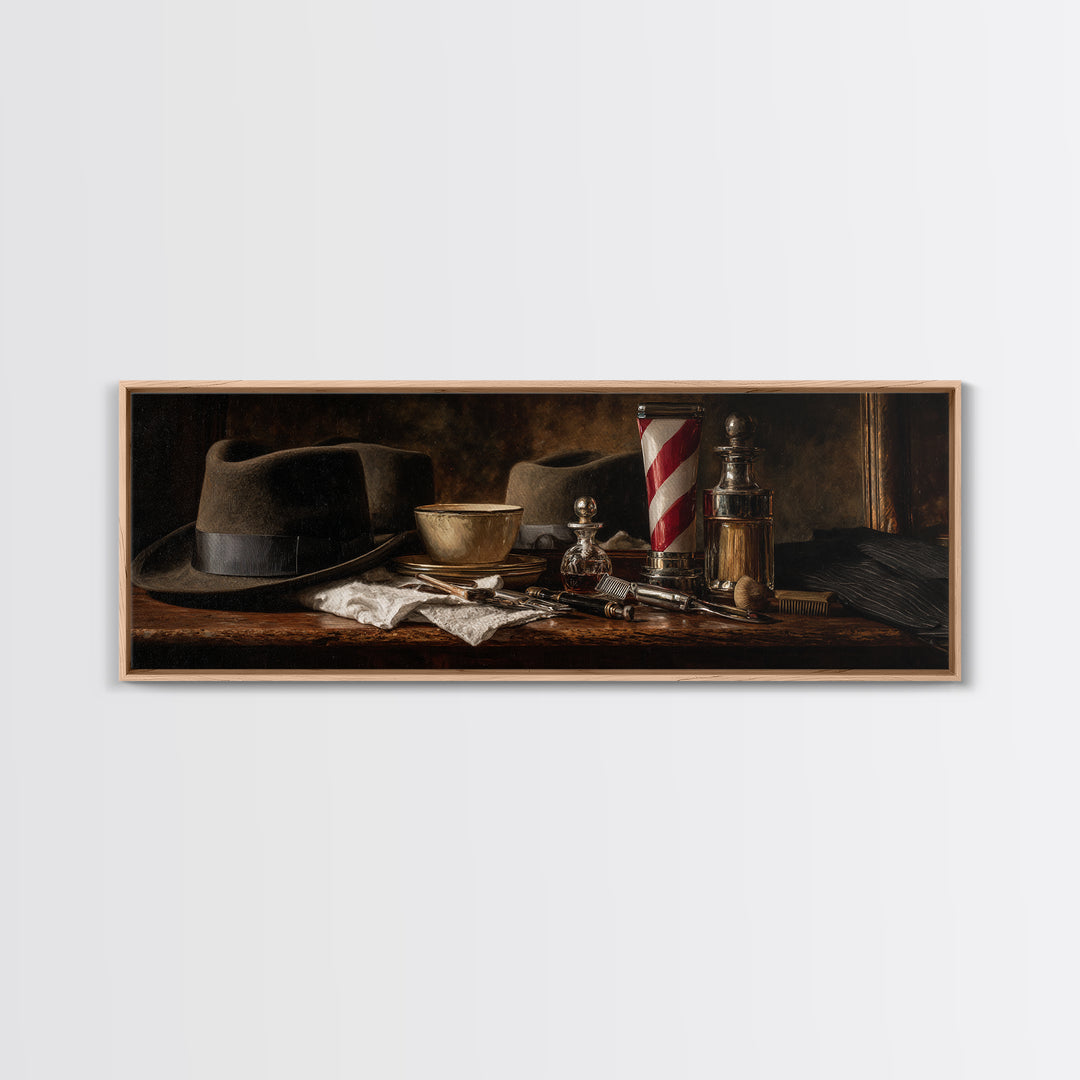 Moody Gentleman Portrait Framed Canvas Print, Barbershop Art, Wall Art, Barbershop Decor, Oil Painting, Grooming, BAA-3x1-2