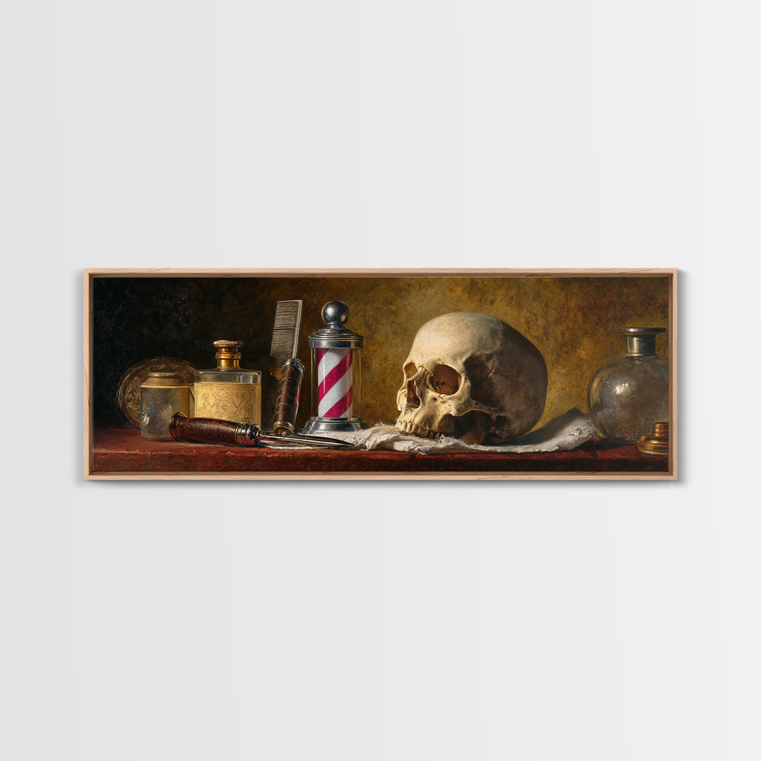 Skull with Comb and Razor in Tattoo Framed Canvas Print, Barbershop Art, Room Decor, Barbershop Decor, Fine Art, Grooming, BAA-3x1-55