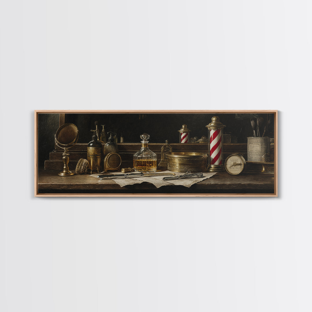 Whiskey and Straight Razor Masculine Still Life Canvas Print, Barbershop Art, Oil Painting, Barbershop Decor, Grooming, BAA-3x1-71