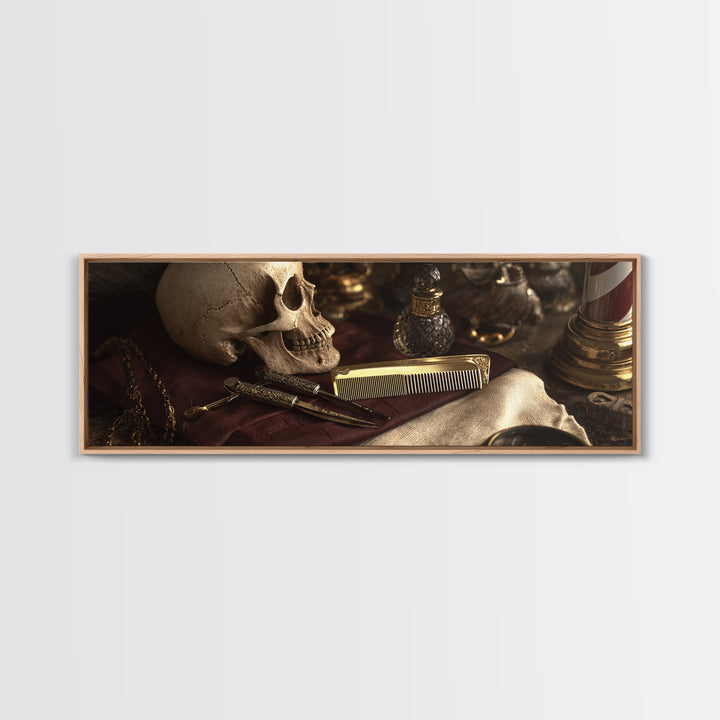 Skull with Comb and Razor in Tattoo Framed Canvas Print, Barbershop Art, Black Art, Barbershop Decor, Oil Painting, Grooming, BAA-3x1-79
