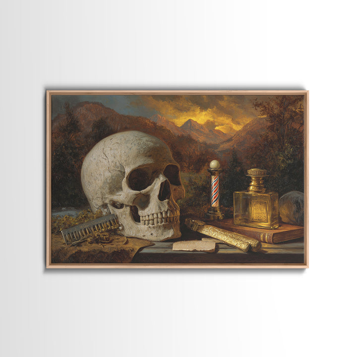 Skull with Comb and Razor in Tattoo Framed Canvas Print, Barbershop Art, Retro Wall Art, Barbershop Decor, Fine Art, Grooming, BAA-3x2-19