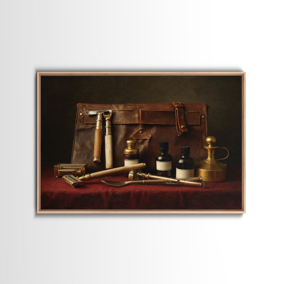Leather Apron and Brass Tools Still Life Framed Canvas Print, Barbershop Art, Minimalist Decor, Barbershop Decor, Grooming, BAA-3x2-2