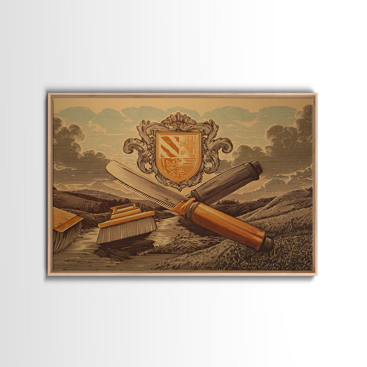 Bold Linocut Barber Emblem Framed Canvas Print, Barbershop Art, Digital Prints, Barbershop Decor, Fine Art, Grooming, BAA-3x2-28
