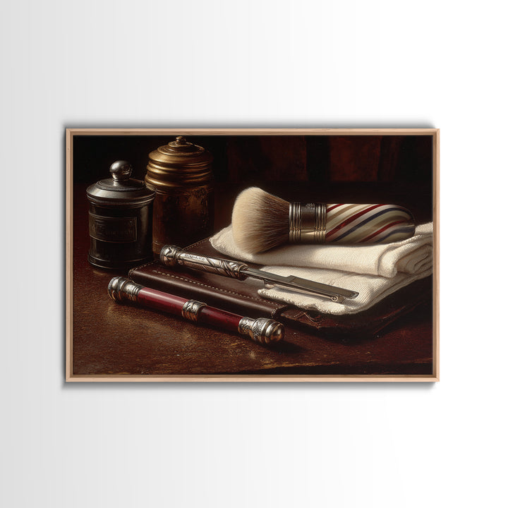 Straight Razor and Shaving Brush on Dark Framed Canvas Print, Barbershop Art, Oil Painting, Barbershop Decor, Grooming, BAA-3x2-6