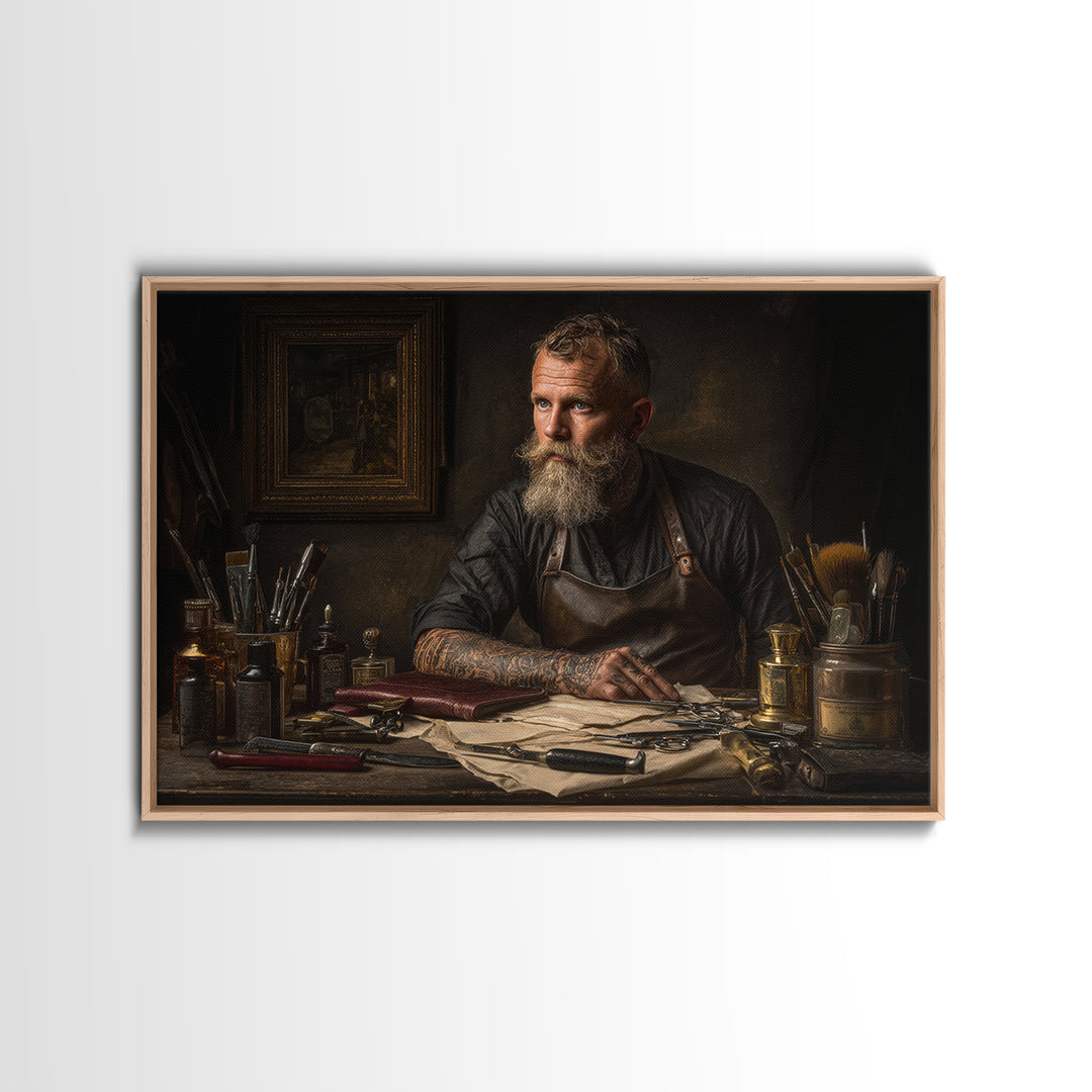 Tattooed Barber Portrait Framed Canvas Print, Barbershop Art, Art Print, Barbershop Decor, Grooming, African American Art, BAA-3x2-8