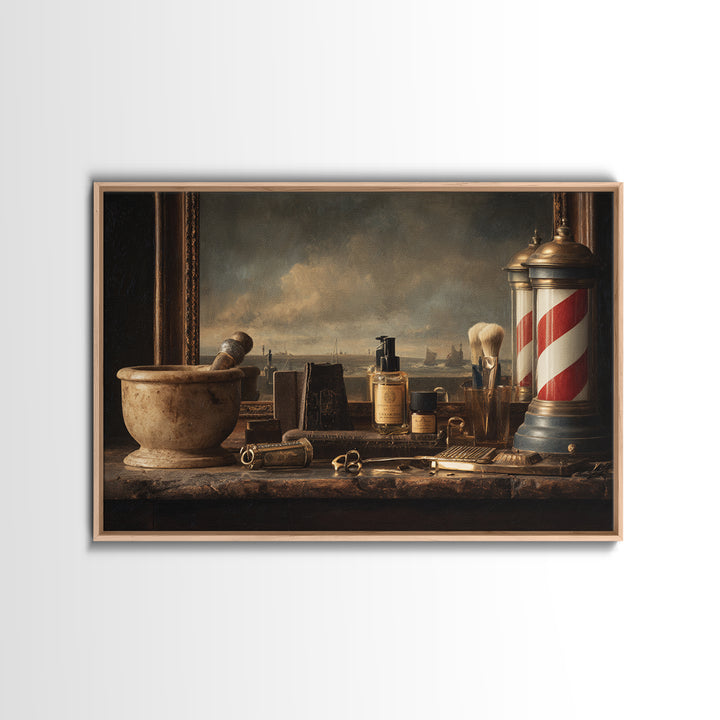 Antique Clippers and Combs on Worn Wood Framed Canvas Print, Barbershop Art, Living Room Art, Barbershop Decor, Grooming, BAA-3x2-85
