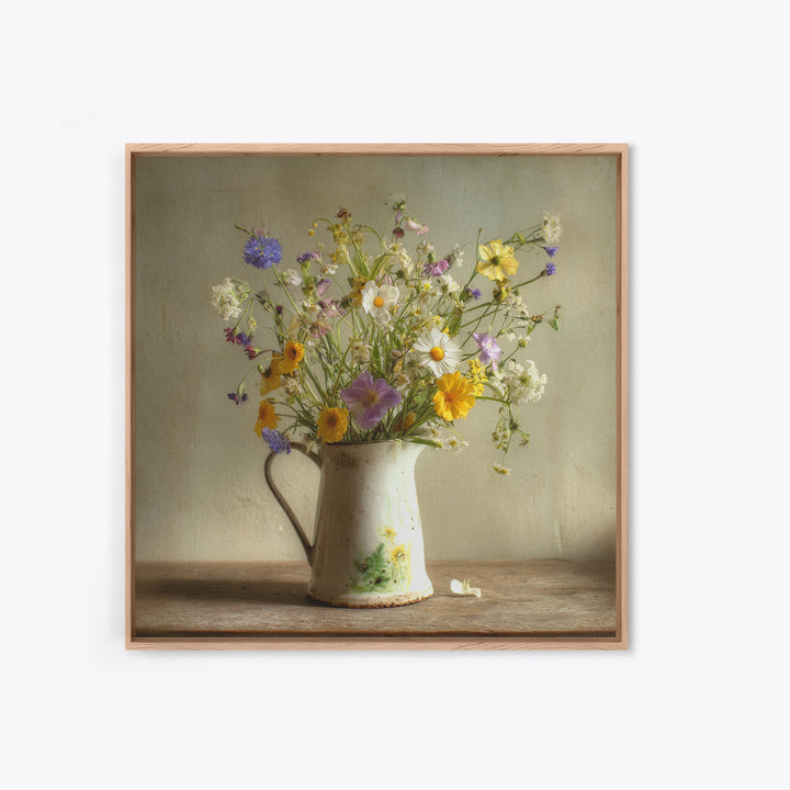 Country Wildflowers in a Chipped Ceramic Pitcher Canvas Print, Bed and Breakfast Art, Modern Decor, Living Room Decor, BAB-1x1-1