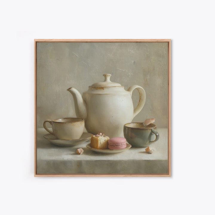 Porcelain Teapot and Scones Framed Canvas Print, Bed and Breakfast Art, Wall Decor, Living Room Decor, Fine Art, BAB-1x1-12