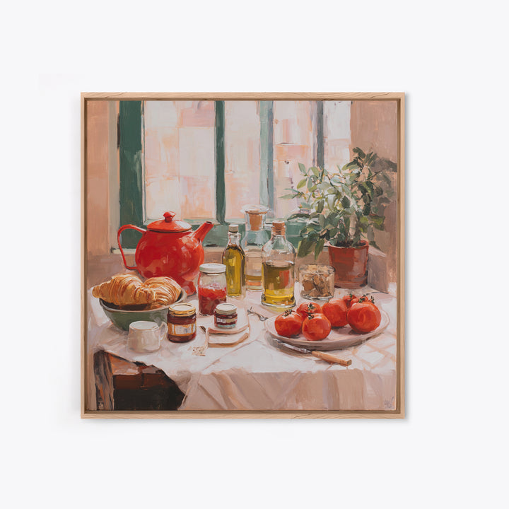 Fresh Croissants and Jam on a Linen Framed Canvas Print, Bed and Breakfast Art, Above Bed Decor, Living Room Decor, Fine Art, BAB-1x1-2