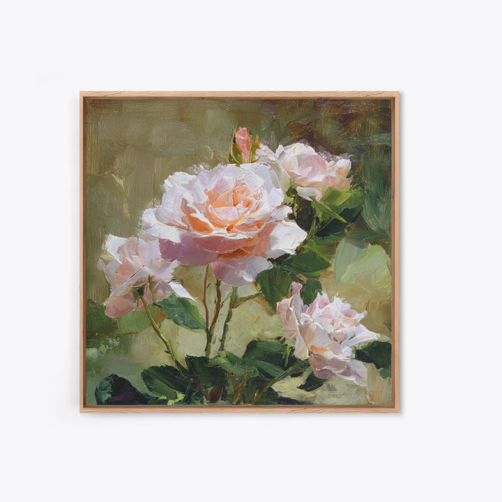 Garden Roses in Romantic Oil Paint Framed Canvas Print, Bed and Breakfast Art, Neutral Decor, Living Room Decor, Oil Painting, BAB-1x1-21