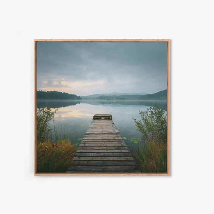 Quiet Lake Dock at Early Morning Canvas Print, Bed and Breakfast Art, Farmhouse Wall Decor, Living Room Decor, Fine Art, BAB-1x1-22