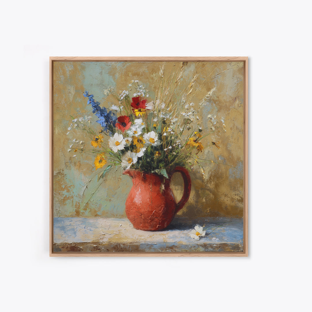 Country Wildflowers in a Chipped Ceramic Pitcher Canvas Print, Bed and Breakfast Art, Room Decor, Living Room Decor, BAB-1x1-25