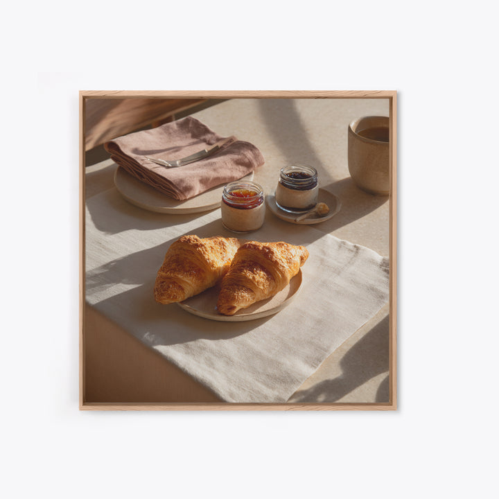 Fresh Croissants and Jam on a Linen Canvas Print, Bed and Breakfast Art, Folk Art, Living Room Decor, Abstract Art, BAB-1x1-26