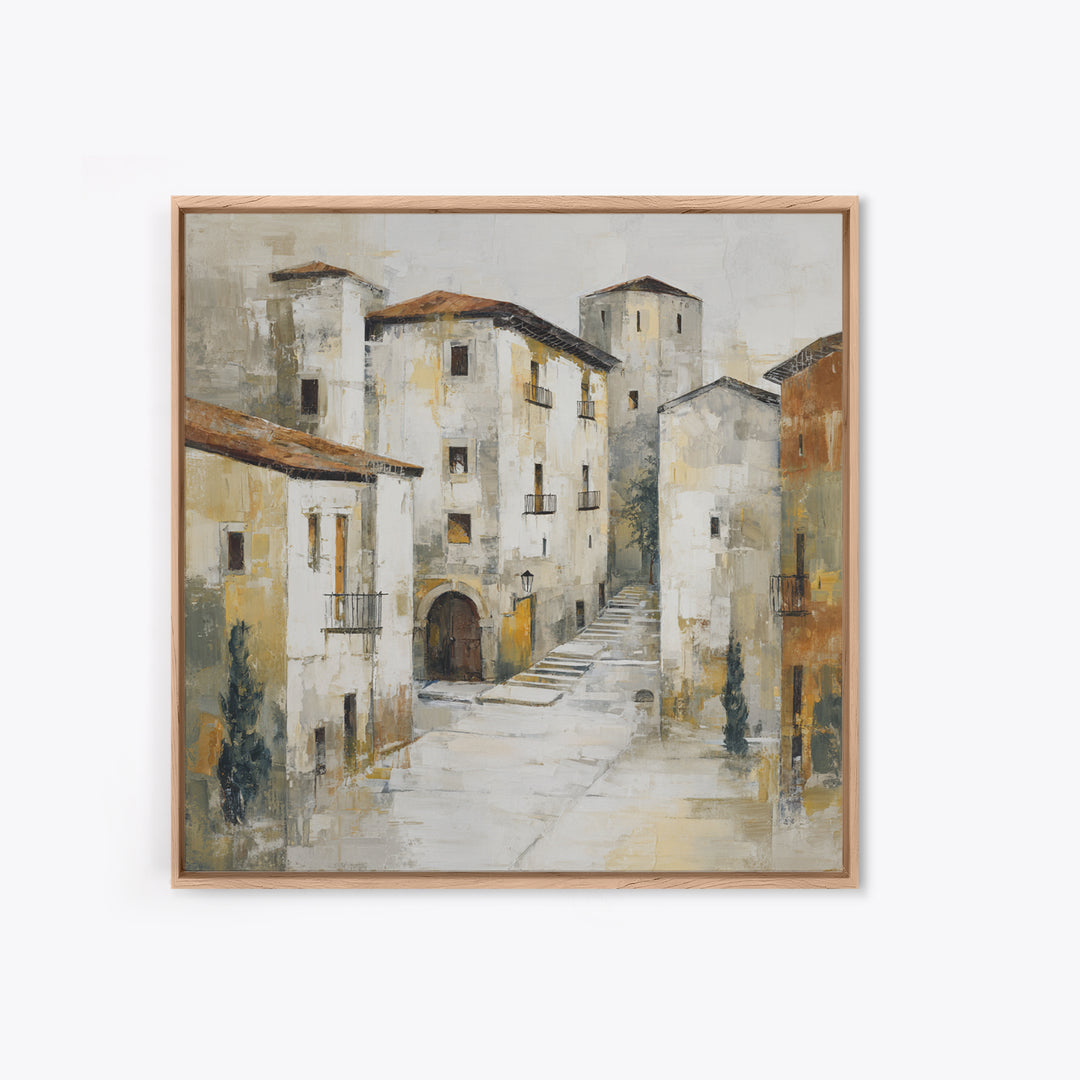 Soft Watercolor Village Street at Dawn Canvas Print, Bed and Breakfast Art, Textured Painting, Living Room Decor, BAB-1x1-29