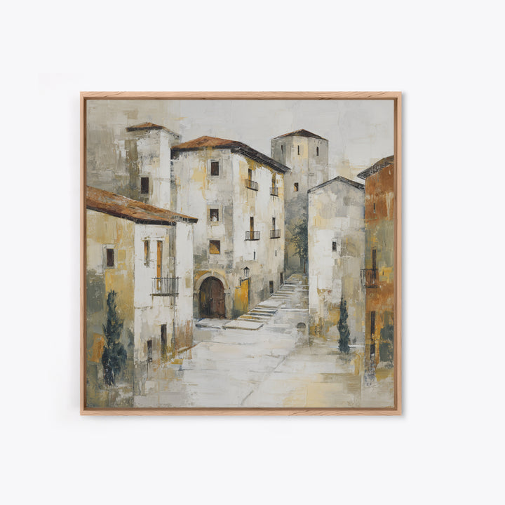 Soft Watercolor Village Street at Dawn Canvas Print, Bed and Breakfast Art, Textured Painting, Living Room Decor, BAB-1x1-29