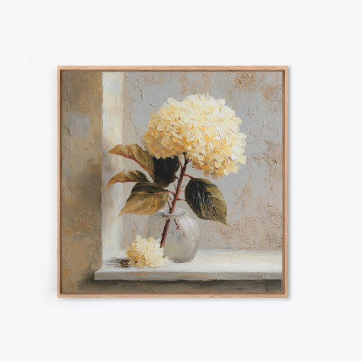 Sunlit Hydrangeas on a Windowsill Canvas Print, Bed and Breakfast Art, Rustic Home Decor, Living Room Decor, BAB-1x1-34