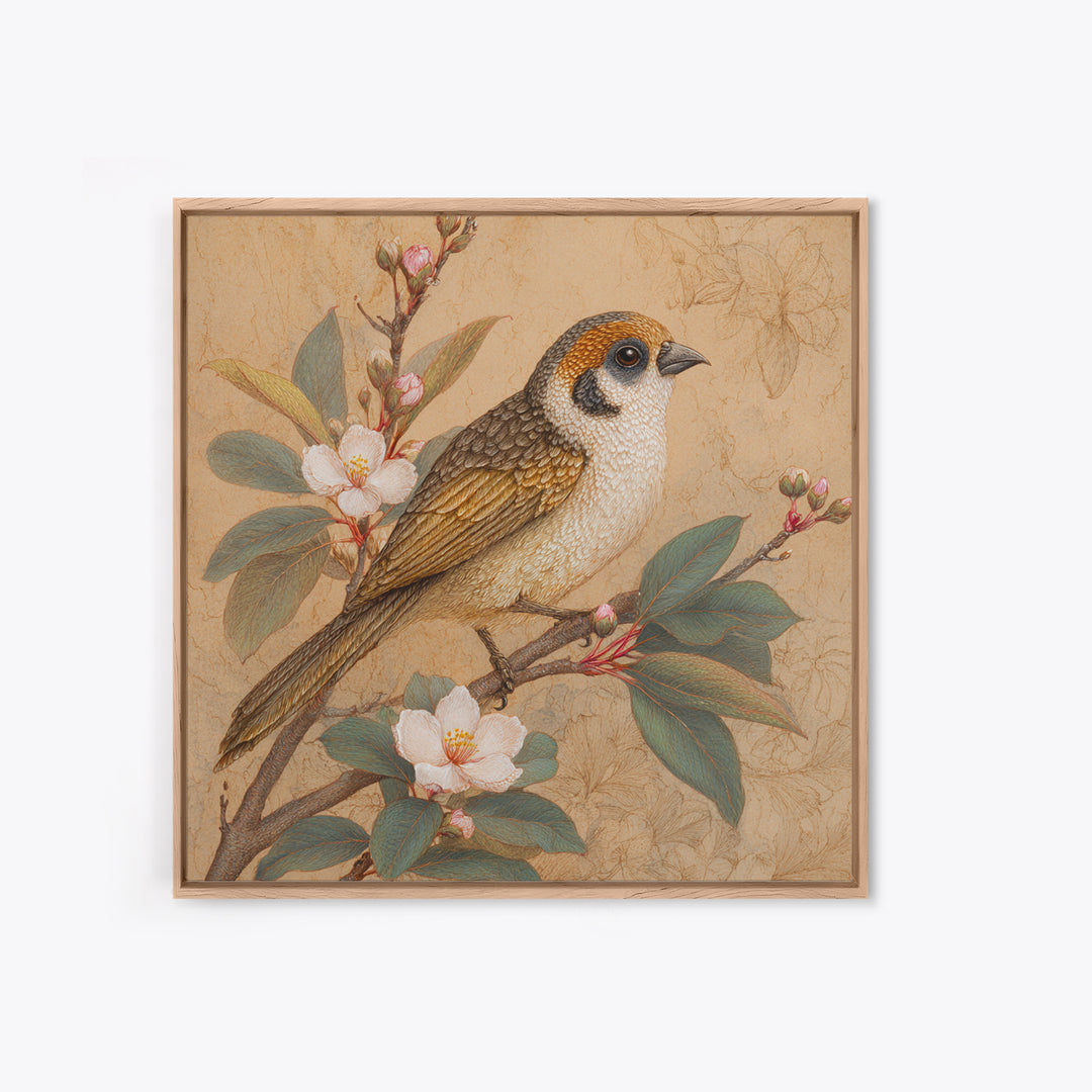 Small Bird on a Flowering Branch Framed Canvas Print, Bed and Breakfast Art, Gallery Decor, Living Room Decor, Fine Art, BAB-1x1-38