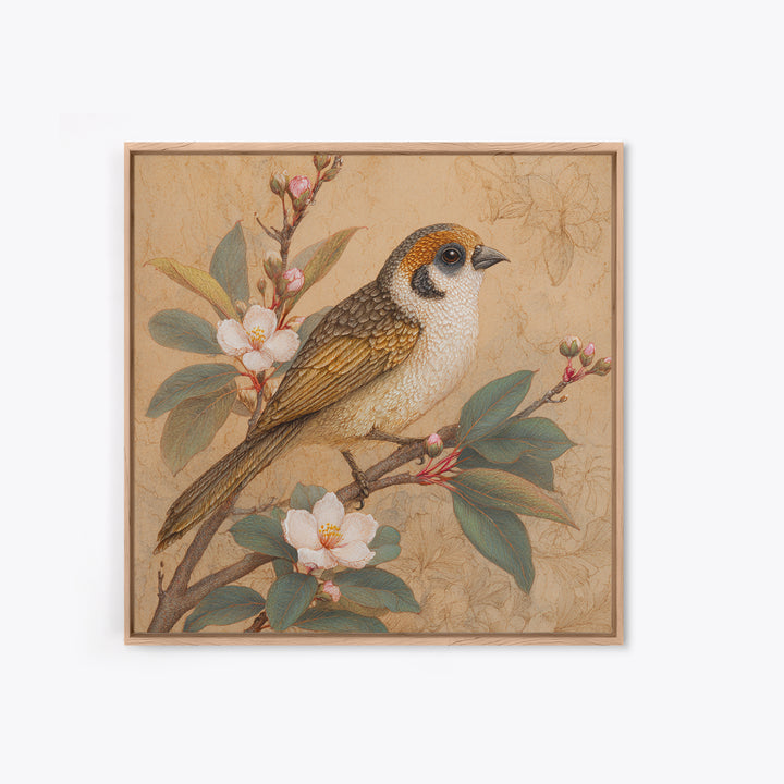 Small Bird on a Flowering Branch Framed Canvas Print, Bed and Breakfast Art, Gallery Decor, Living Room Decor, Fine Art, BAB-1x1-38