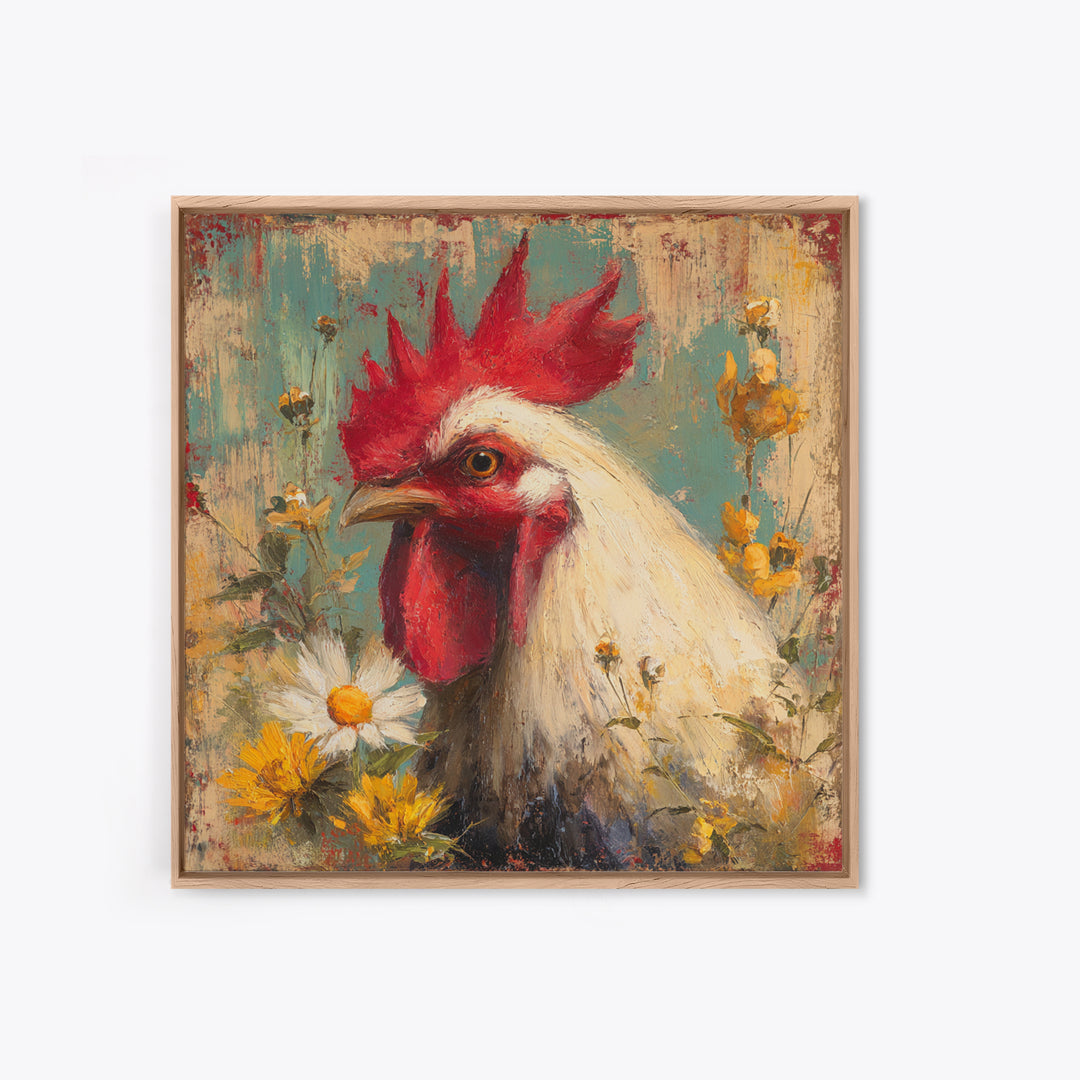 Rooster and Wildflower Country Portrait Canvas Print, Bed and Breakfast Art, Farmhouse Wall Decor, Living Room Decor, BAB-1x1-43