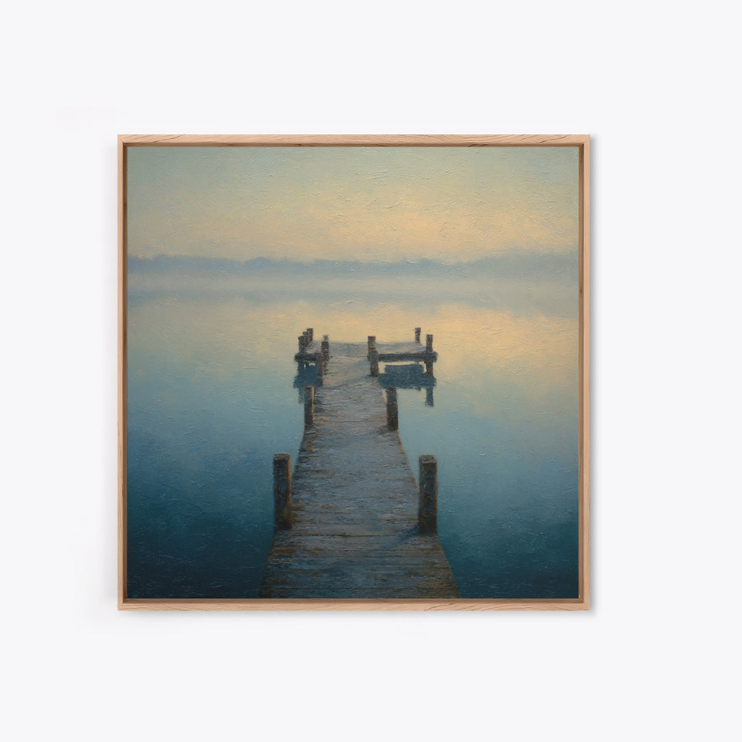 Quiet Lake Dock at Early Morning Framed Canvas Print, Bed and Breakfast Art, Coffee Wall Art, Living Room Decor, Oil Painting, BAB-1x1-46