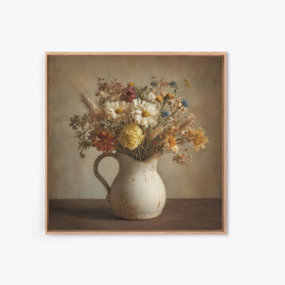 Country Wildflowers in a Chipped Ceramic Pitcher Canvas Print, Bed and Breakfast Art, Room Decor, Living Room Decor, BAB-1x1-49