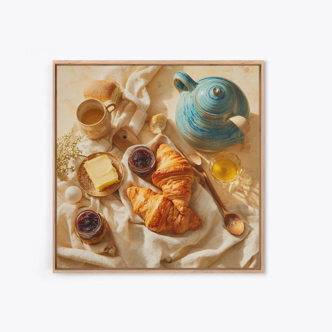 Fresh Croissants and Jam on a Linen Canvas Print, Bed and Breakfast Art, Folk Art, Living Room Decor, Abstract Art, BAB-1x1-50