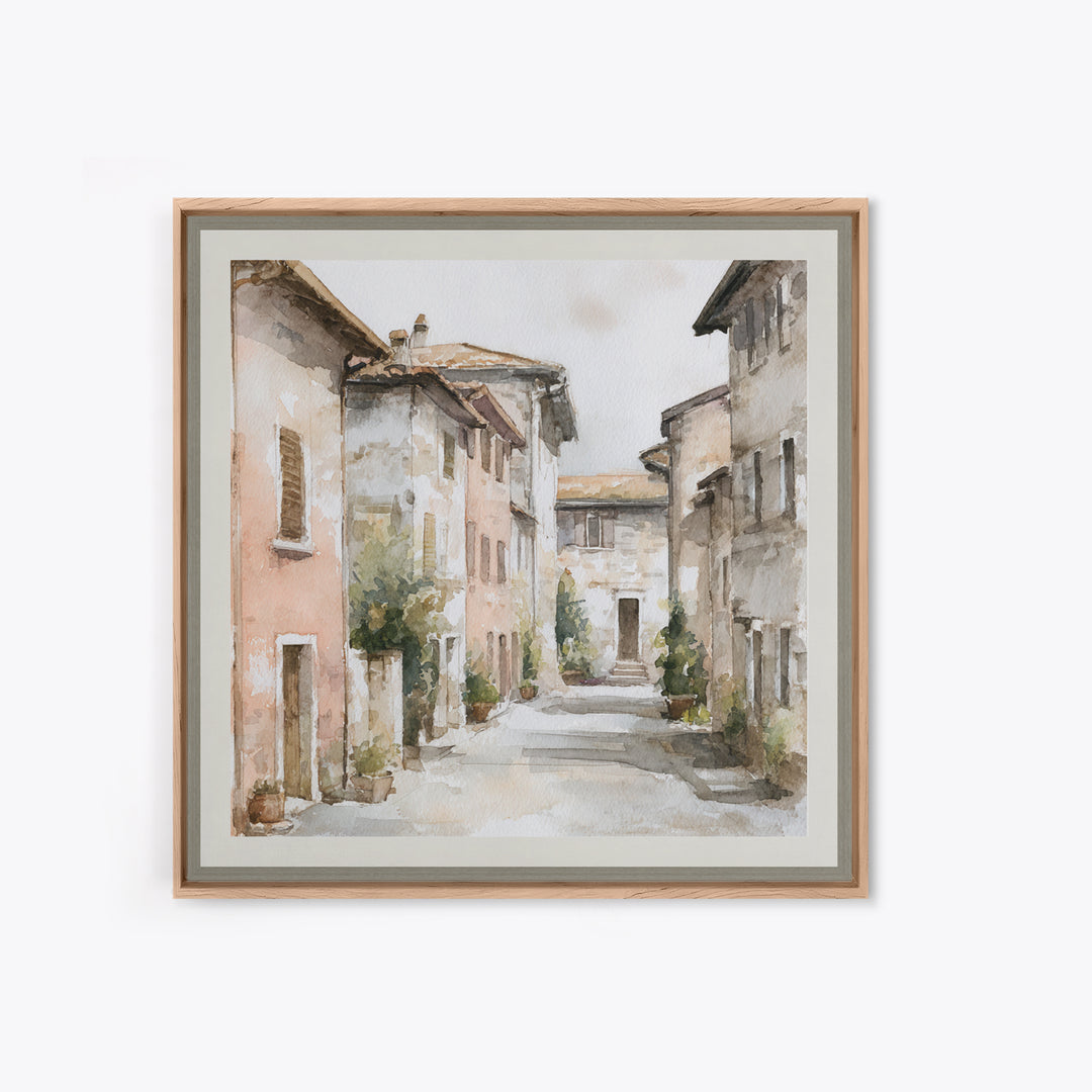 Soft Watercolor Village Street at Dawn Canvas Print, Bed and Breakfast Art, Textured Painting, Living Room Decor, BAB-1x1-53
