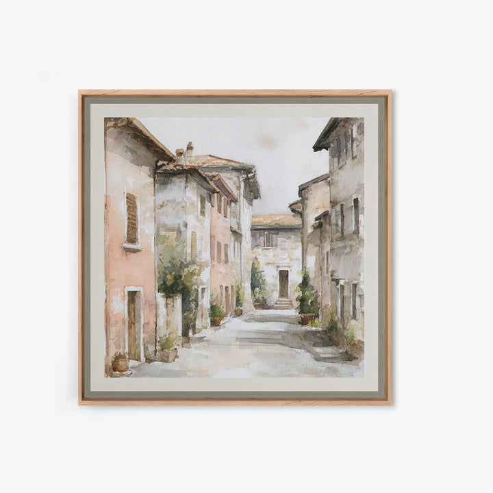 Soft Watercolor Village Street at Dawn Canvas Print, Bed and Breakfast Art, Textured Painting, Living Room Decor, BAB-1x1-53