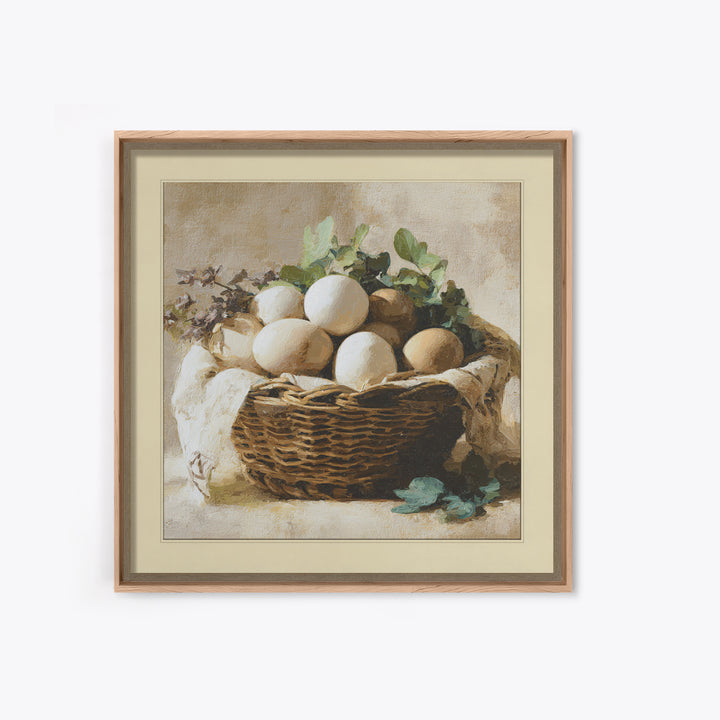 Fresh Eggs in a Woven Basket with Canvas Print, Bed and Breakfast Art, Bedroom Art, Living Room Decor, Oil Painting, BAB-1x1-54