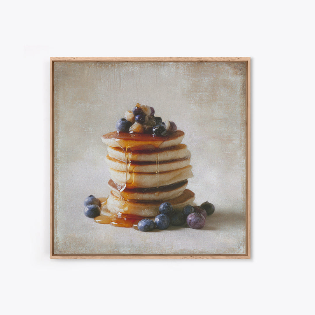 Blueberry Pancakes Still Life Framed Canvas Print, Bed and Breakfast Art, Abstract Art, Living Room Decor, Fine Art, BAB-1x1-56