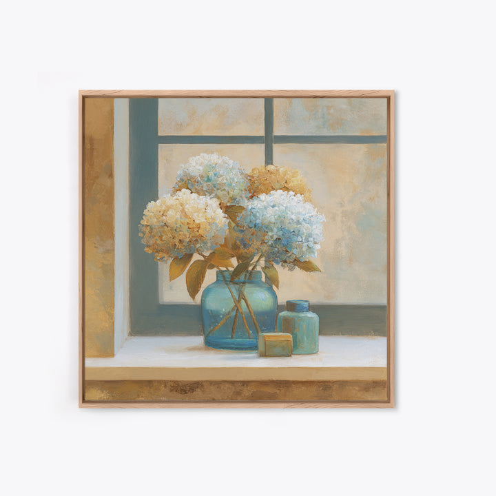 Sunlit Hydrangeas on a Windowsill Canvas Print, Bed and Breakfast Art, Rustic Home Decor, Living Room Decor, BAB-1x1-58