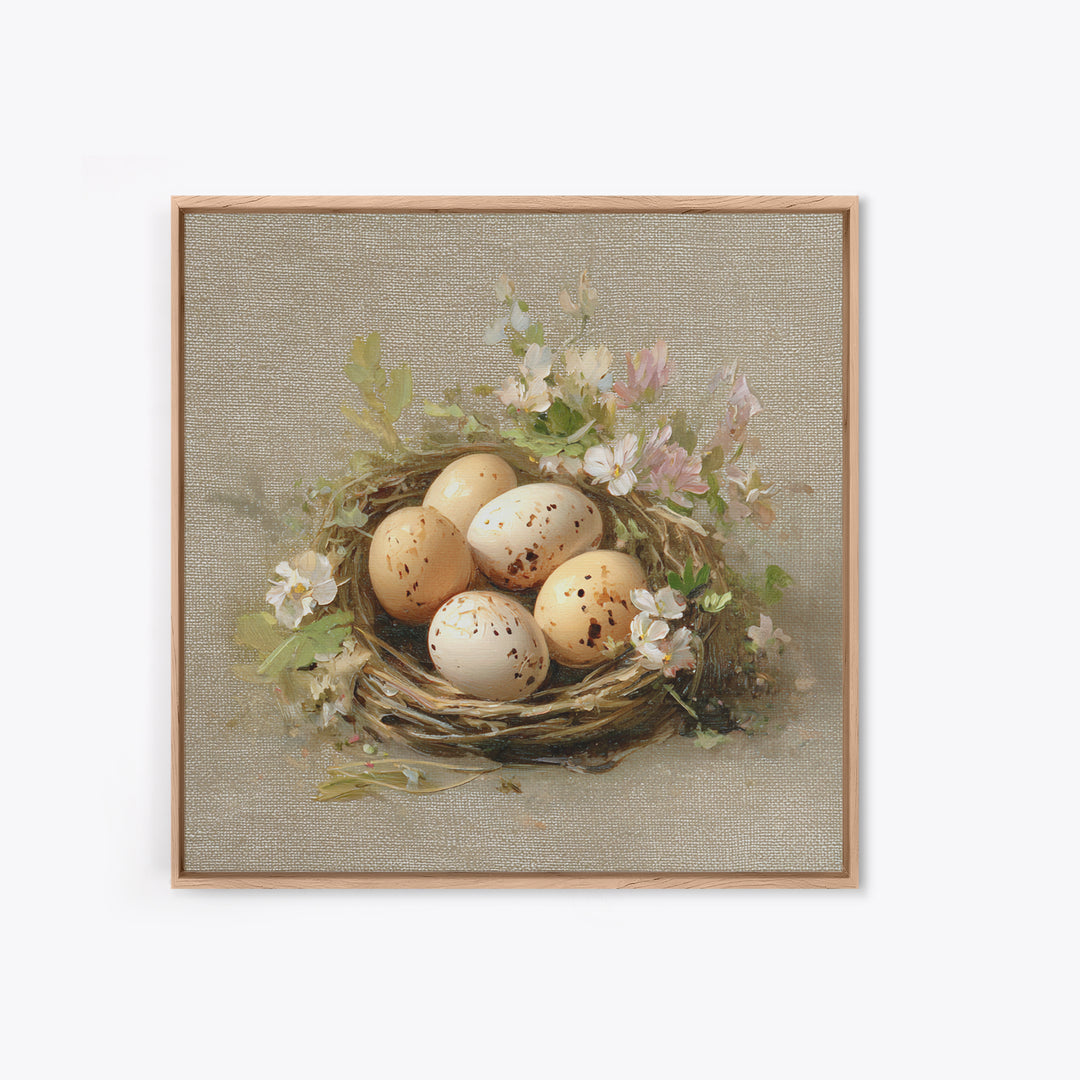 Fresh Eggs in a Woven Basket with Framed Canvas Print, Bed and Breakfast Art, Coffee Art, Living Room Decor, Watercolor Art, BAB-1x1-6