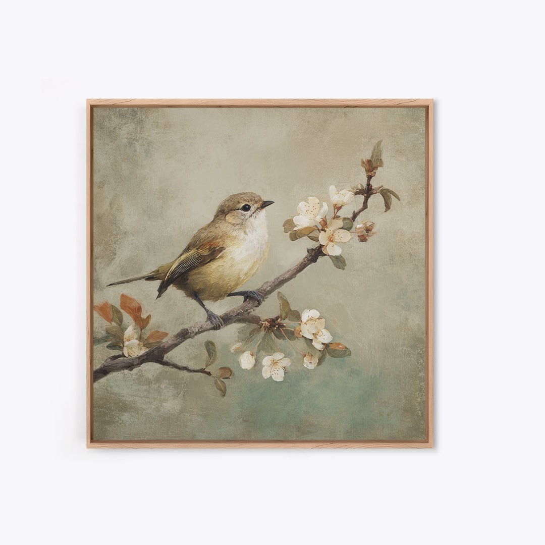 Small Bird on a Flowering Branch Framed Canvas Print, Bed and Breakfast Art, Gallery Decor, Living Room Decor, Fine Art, BAB-1x1-62