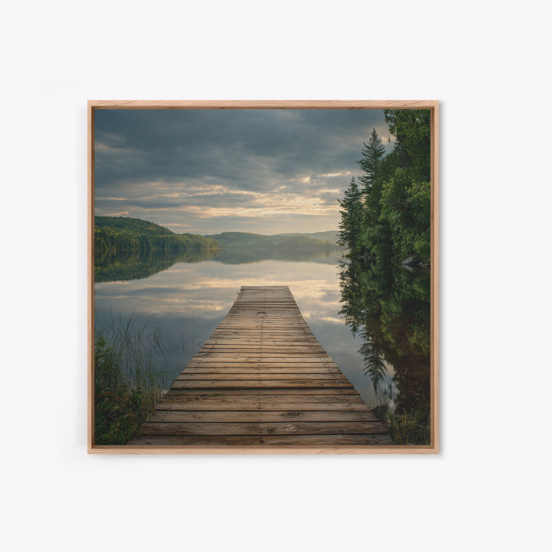 Quiet Lake Dock at Early Morning Framed Canvas Print, Bed and Breakfast Art, Coffee Wall Art, Living Room Decor, Oil Painting, BAB-1x1-70