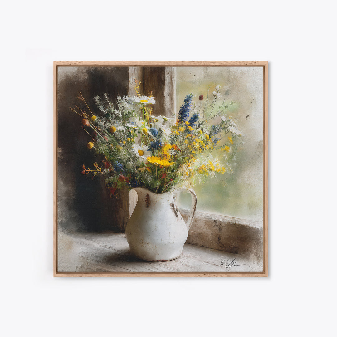 Country Wildflowers in a Chipped Ceramic Pitcher Canvas Print, Bed and Breakfast Art, Home Decor, Living Room Decor, BAB-1x1-73