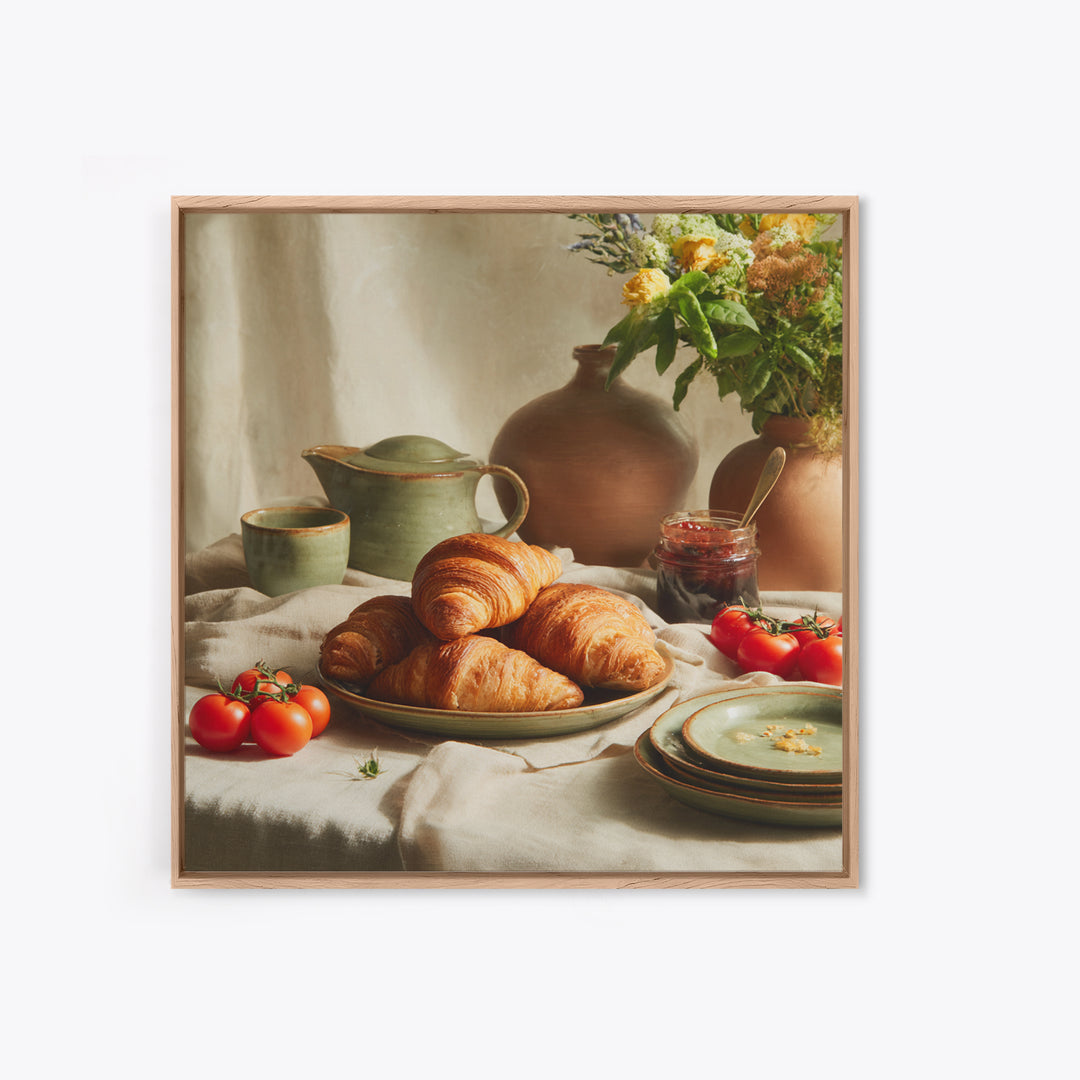Fresh Croissants and Jam on a Linen Framed Canvas Print, Bed and Breakfast Art, Fine Art Print, Living Room Decor, Abstract Art, BAB-1x1-74