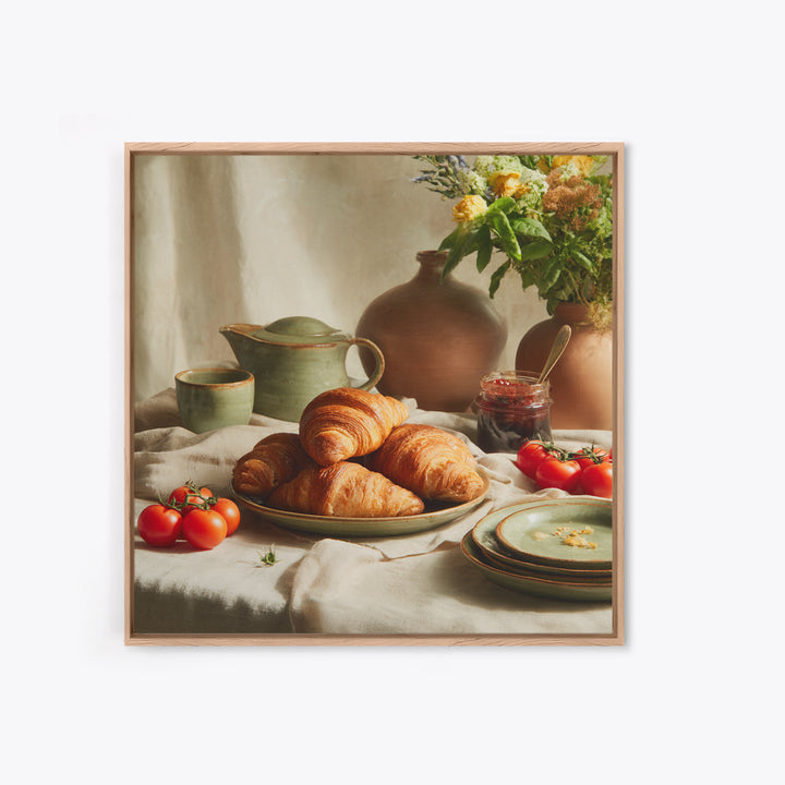 Fresh Croissants and Jam on a Linen Framed Canvas Print, Bed and Breakfast Art, Fine Art Print, Living Room Decor, Abstract Art, BAB-1x1-74