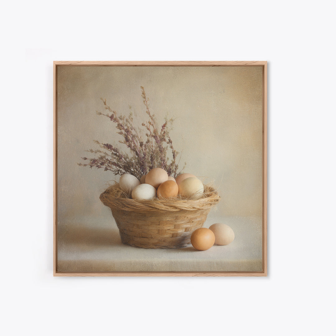Fresh Eggs in a Woven Basket with Framed Canvas Print, Bed and Breakfast Art, Statement Artwork, Living Room Decor, Fine Art, BAB-1x1-78