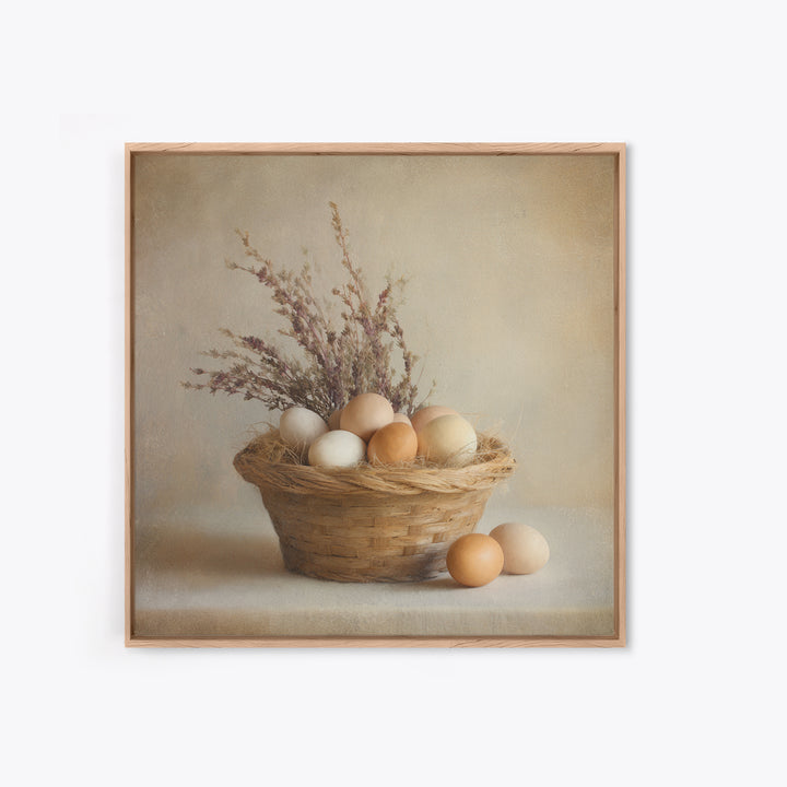 Fresh Eggs in a Woven Basket with Framed Canvas Print, Bed and Breakfast Art, Statement Artwork, Living Room Decor, Fine Art, BAB-1x1-78